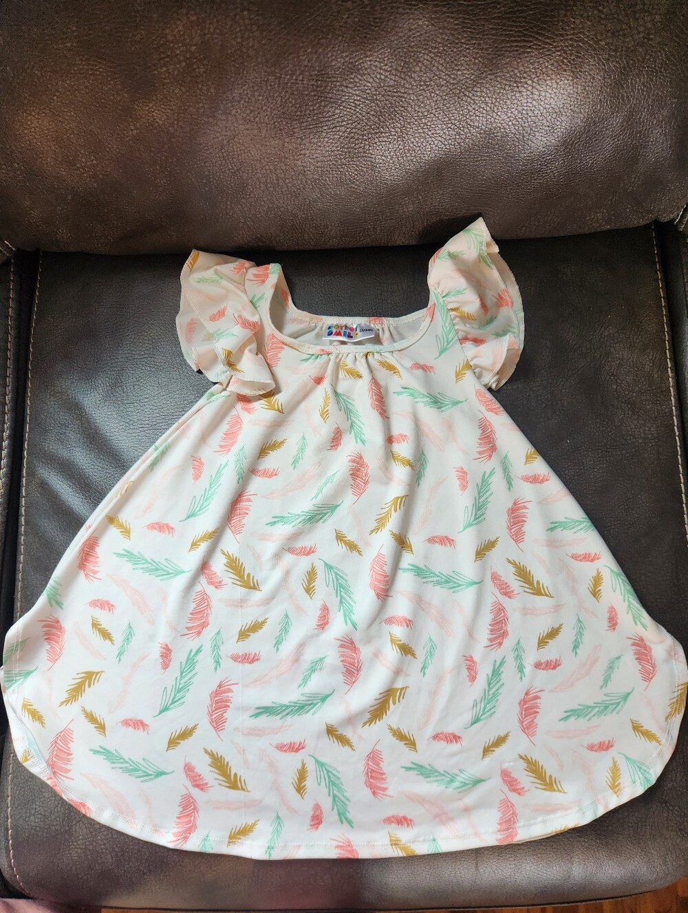 DOT DOT SMILE- White Toddler Dress with Pink, Mint & Mustard Feather Print